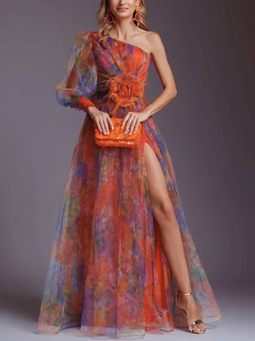 WW | Lange Kleid Gemustert mit Blumen Chiffon Tüll Geschnitten An Der Seite Eine Schulter Frauen Elegant Lässig Von Abend