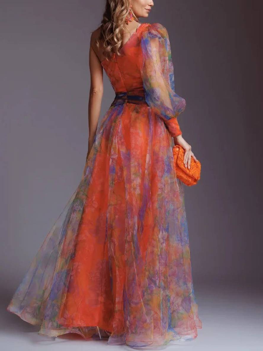 WW | Lange Kleid Gemustert mit Blumen Chiffon Tüll Geschnitten An Der Seite Eine Schulter Frauen Elegant Lässig Von Abend