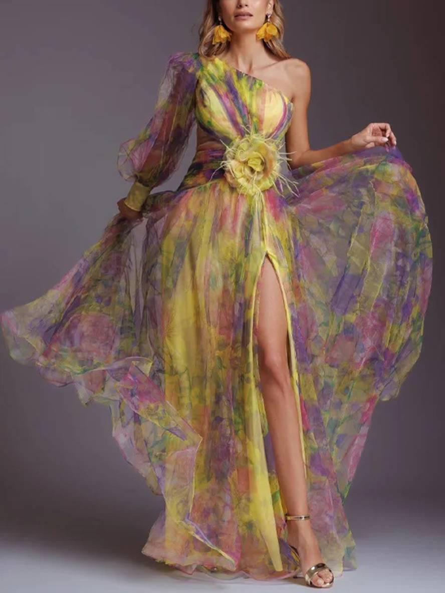 WW | Lange Kleid Gemustert mit Blumen Chiffon Tüll Geschnitten An Der Seite Eine Schulter Frauen Elegant Lässig Von Abend