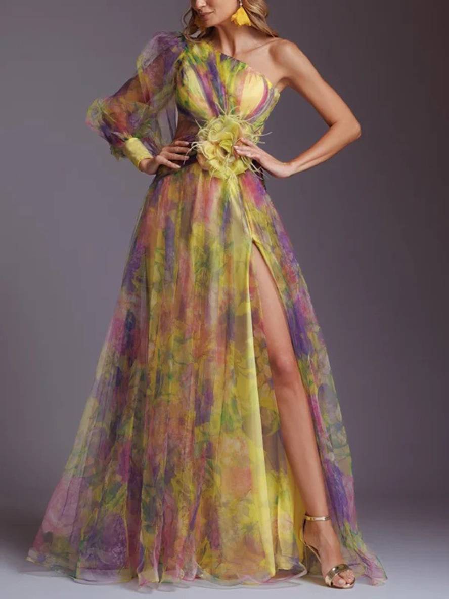 WW | Lange Kleid Gemustert mit Blumen Chiffon Tüll Geschnitten An Der Seite Eine Schulter Frauen Elegant Lässig Von Abend