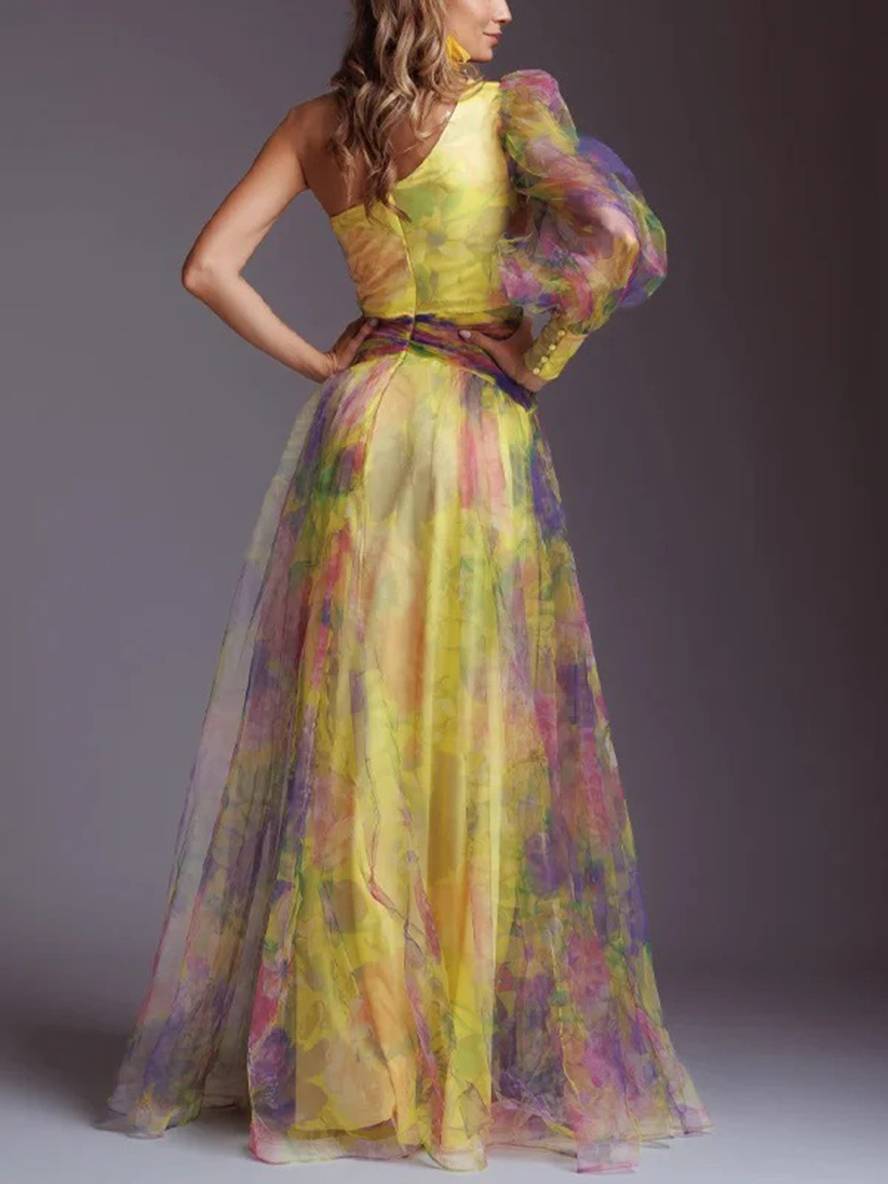 WW | Lange Kleid Gemustert mit Blumen Chiffon Tüll Geschnitten An Der Seite Eine Schulter Frauen Elegant Lässig Von Abend