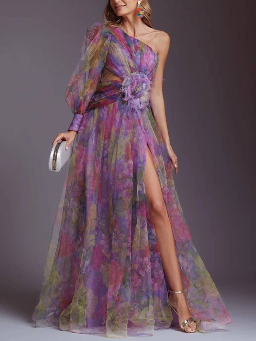 WW | Lange Kleid Gemustert mit Blumen Chiffon Tüll Geschnitten An Der Seite Eine Schulter Frauen Elegant Lässig Von Abend