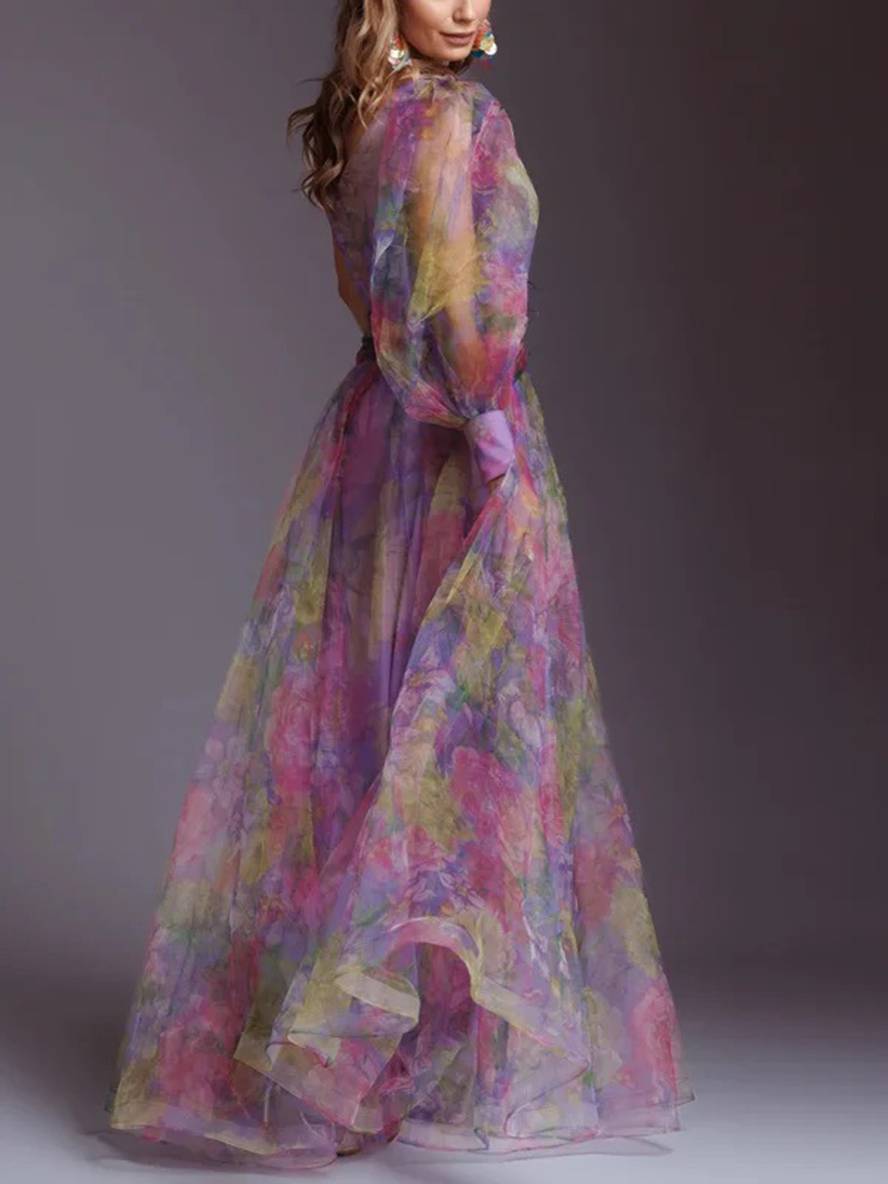 WW | Lange Kleid Gemustert mit Blumen Chiffon Tüll Geschnitten An Der Seite Eine Schulter Frauen Elegant Lässig Von Abend