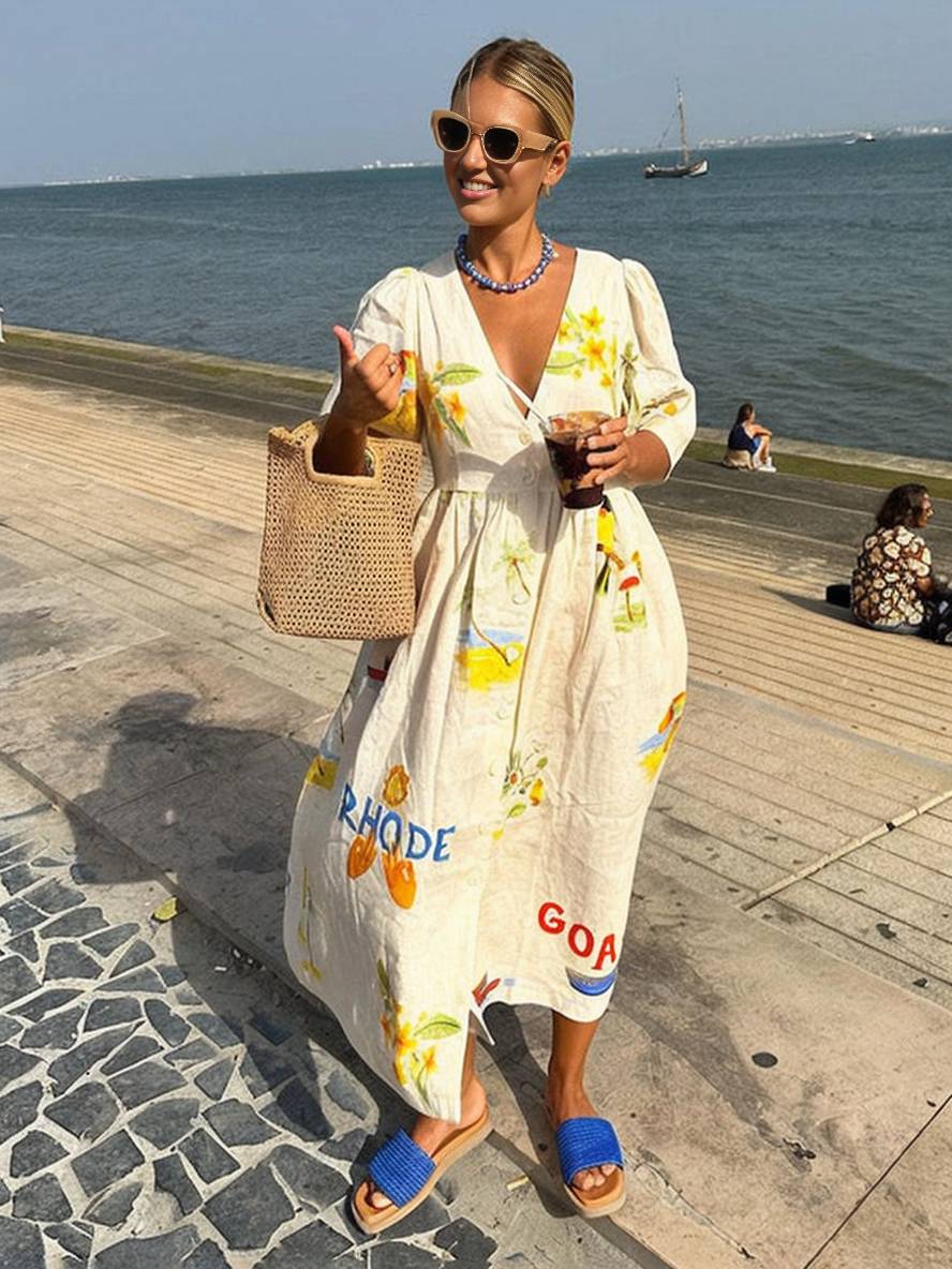 WW | Langes Kleid aus Einzigartigem Bedrucktem Leinen V-Ausschnitt Knopfleiste Puffärmel Kurzärmlig Damen Lässig Locker Sommer Casual