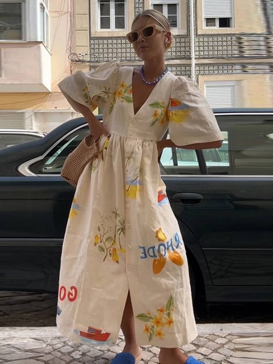 WW | Langes Kleid aus Einzigartigem Bedrucktem Leinen V-Ausschnitt Knopfleiste Puffärmel Kurzärmlig Damen Lässig Locker Sommer Casual