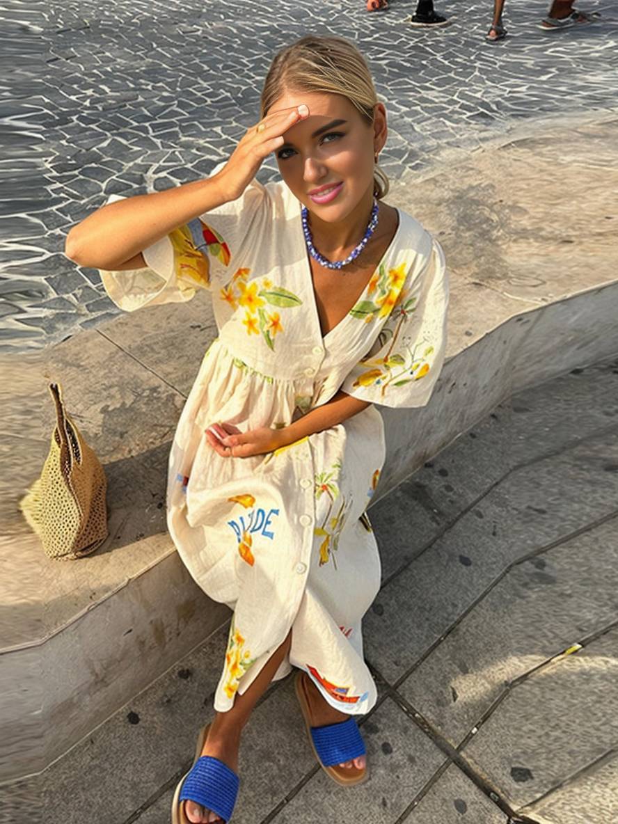 WW | Langes Kleid aus Einzigartigem Bedrucktem Leinen V-Ausschnitt Knopfleiste Puffärmel Kurzärmlig Damen Lässig Locker Sommer Casual