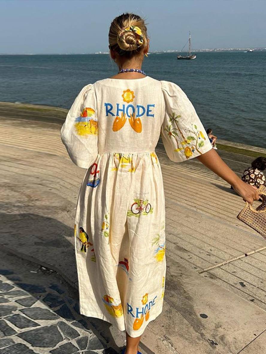 WW | Langes Kleid aus Einzigartigem Bedrucktem Leinen V-Ausschnitt Knopfleiste Puffärmel Kurzärmlig Damen Lässig Locker Sommer Casual