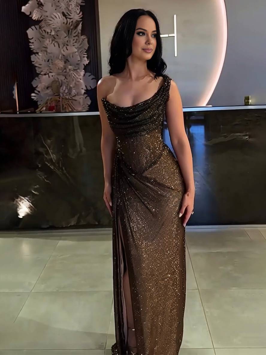 WW | Langes Fitted Unregelmäßiges Seitenriss Ärmellos Elegant Damen Ball Prom Abendkleid