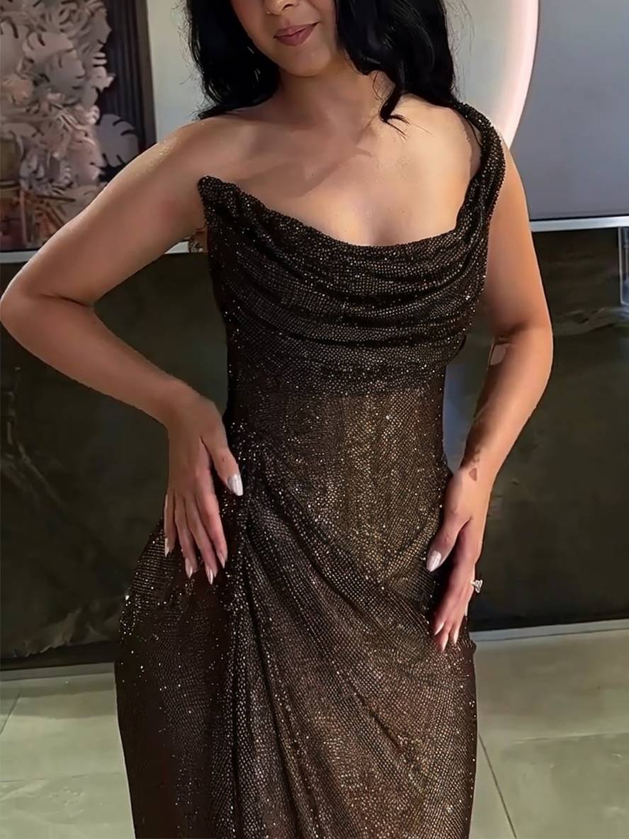 WW | Langes Fitted Unregelmäßiges Seitenriss Ärmellos Elegant Damen Ball Prom Abendkleid