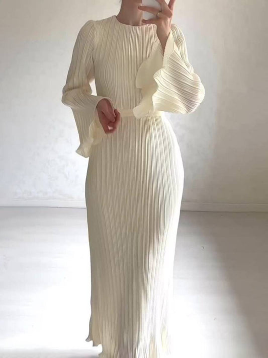 WW | Langes Fließendes Kleid Gürtel Rundhals Trompetenärmel Elegant Prom Abend