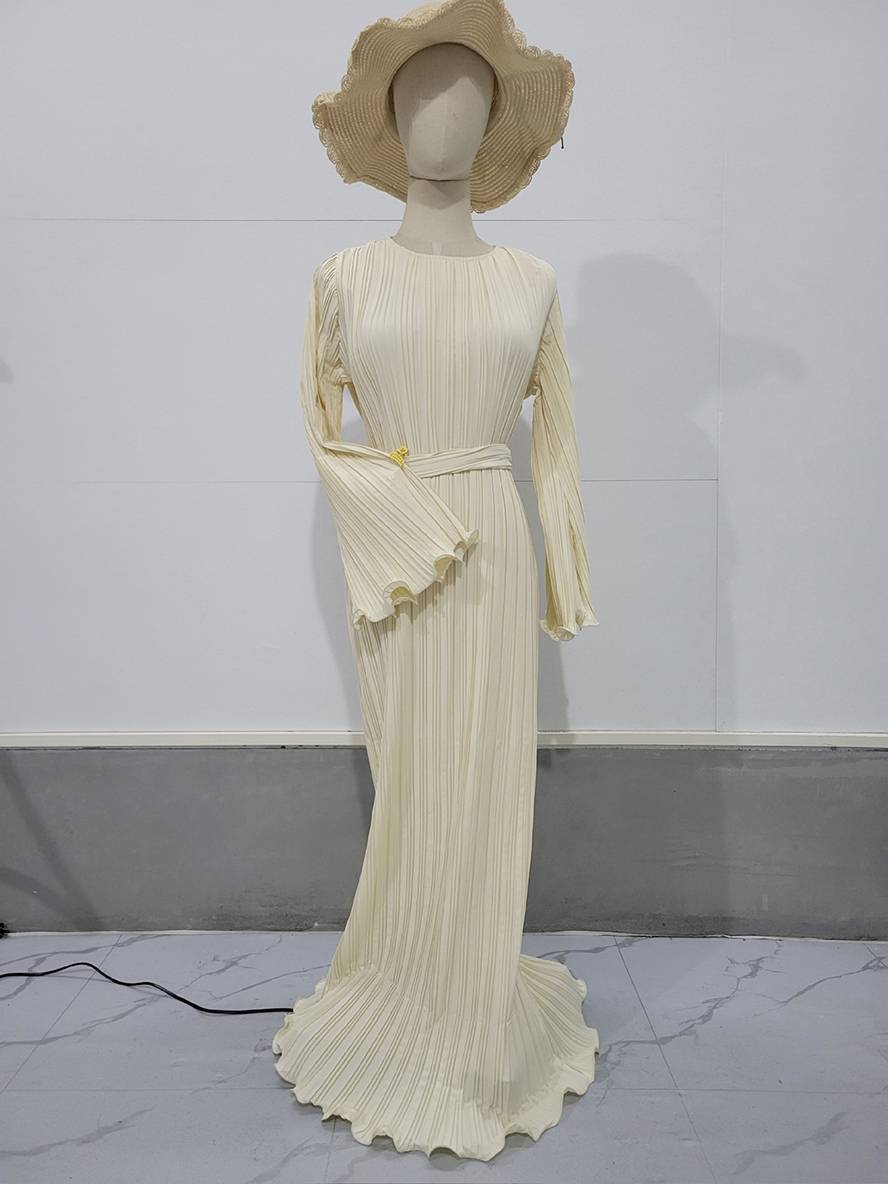 WW | Langes Fließendes Kleid Gürtel Rundhals Trompetenärmel Elegant Prom Abend