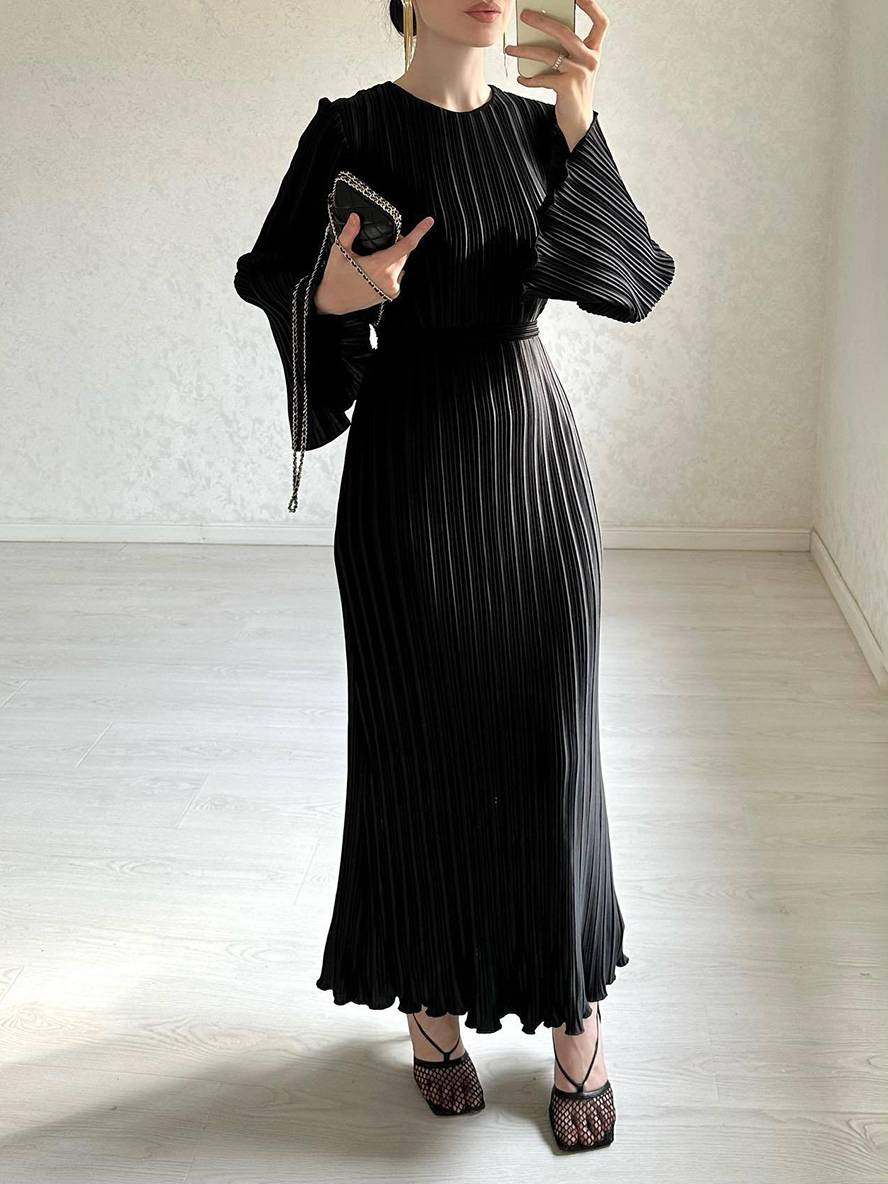 WW | Langes Fließendes Kleid Gürtel Rundhals Trompetenärmel Elegant Prom Abend