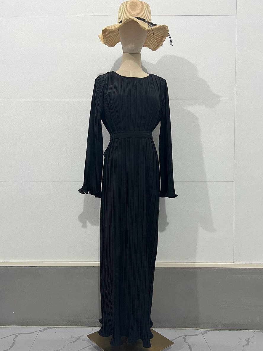 WW | Langes Fließendes Kleid Gürtel Rundhals Trompetenärmel Elegant Prom Abend