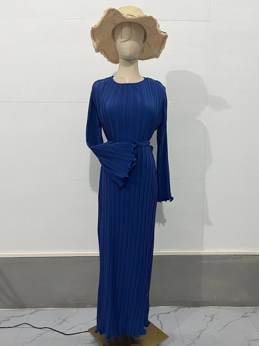 WW | Langes Fließendes Kleid Gürtel Rundhals Trompetenärmel Elegant Prom Abend