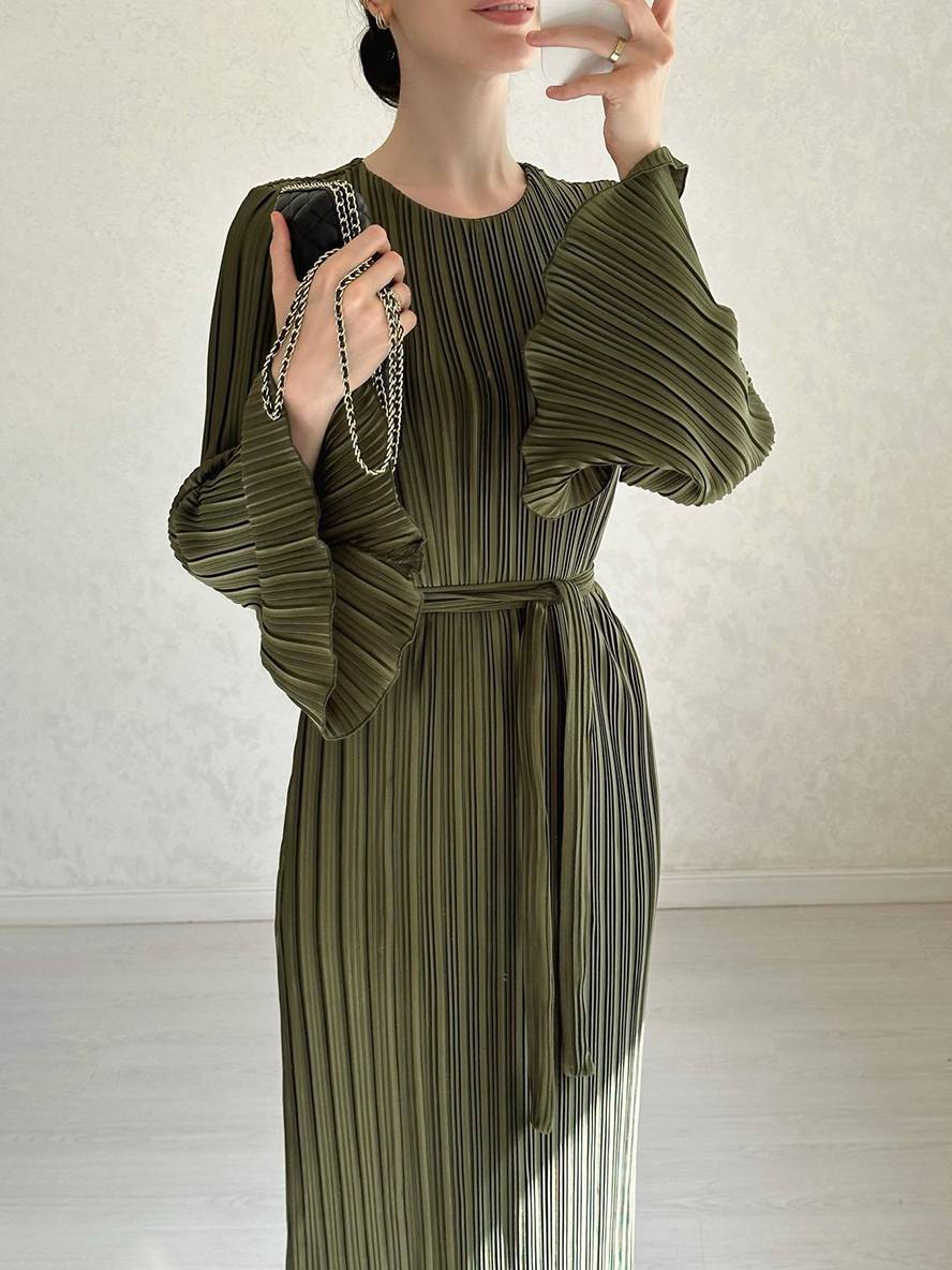 WW | Langes Fließendes Kleid Gürtel Rundhals Trompetenärmel Elegant Prom Abend