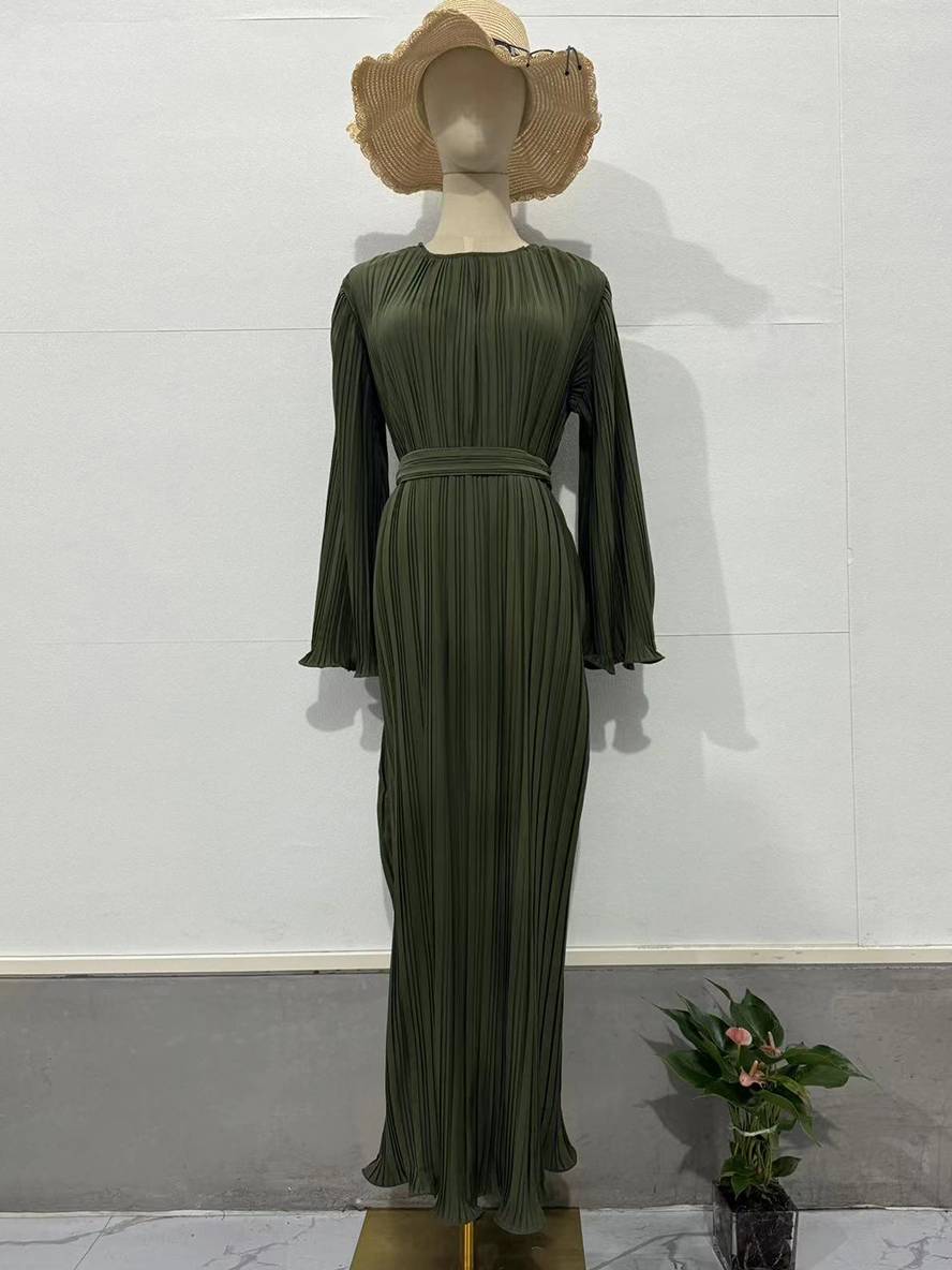 WW | Langes Fließendes Kleid Gürtel Rundhals Trompetenärmel Elegant Prom Abend
