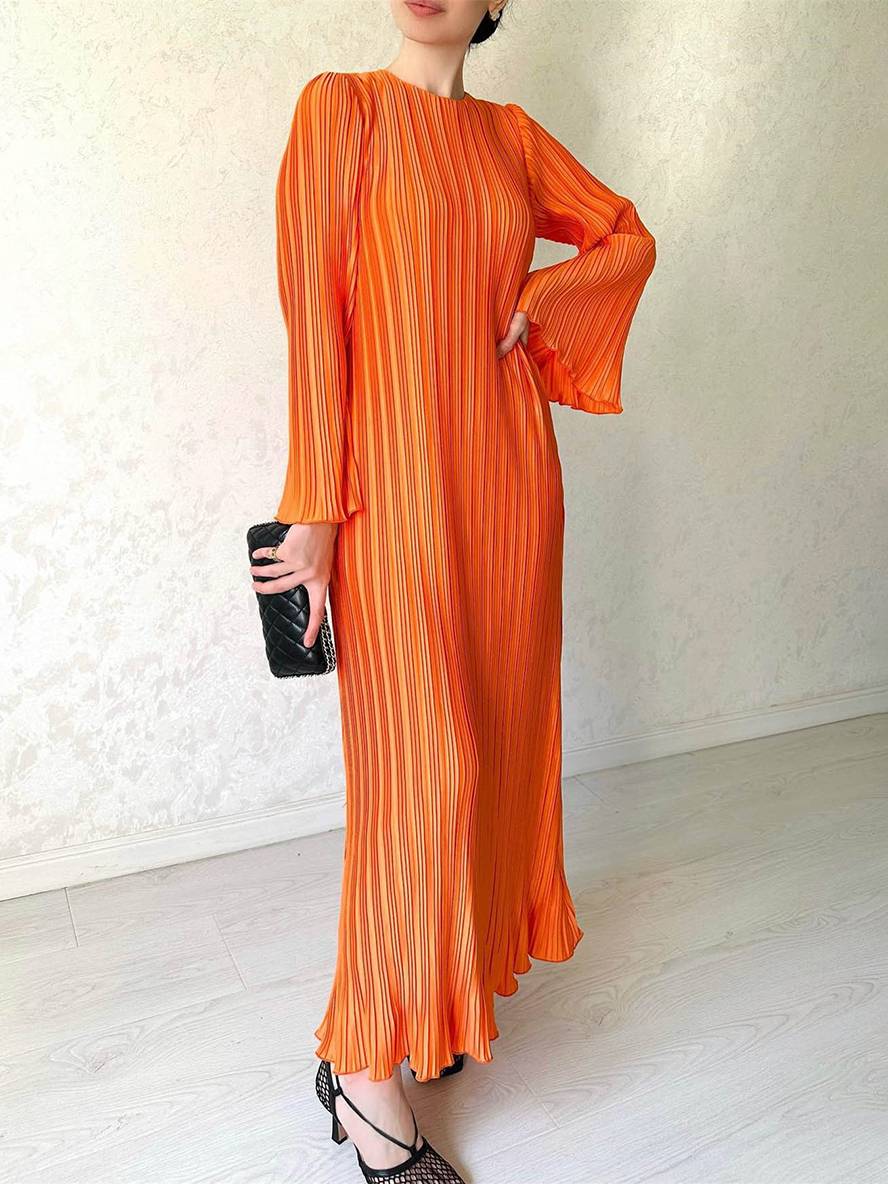 WW | Langes Fließendes Kleid Gürtel Rundhals Trompetenärmel Elegant Prom Abend