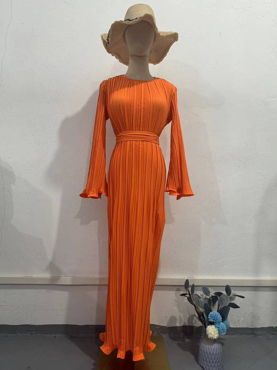 WW | Langes Fließendes Kleid Gürtel Rundhals Trompetenärmel Elegant Prom Abend