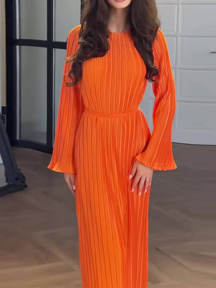 WW | Langes Fließendes Kleid Gürtel Rundhals Trompetenärmel Elegant Prom Abend