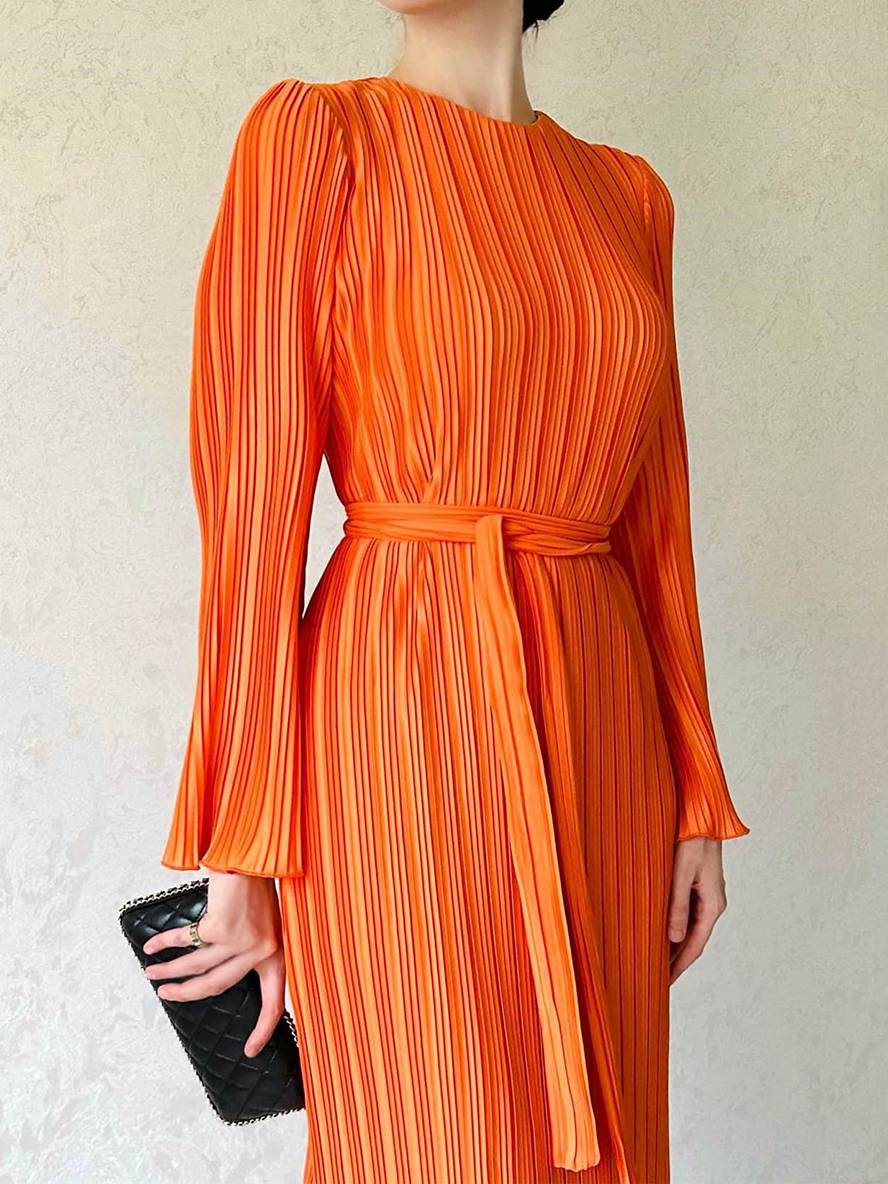 WW | Langes Fließendes Kleid Gürtel Rundhals Trompetenärmel Elegant Prom Abend
