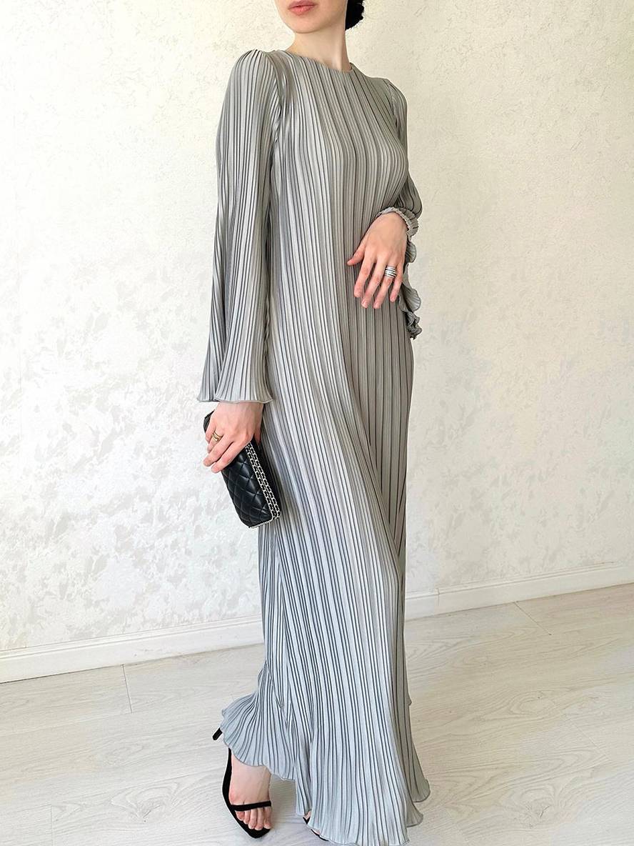 WW | Langes Fließendes Kleid Gürtel Rundhals Trompetenärmel Elegant Prom Abend