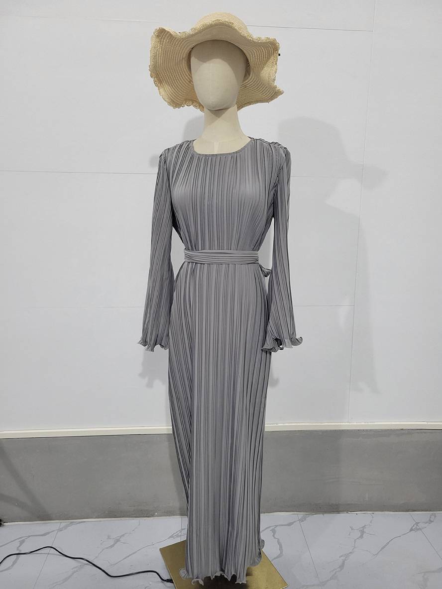 WW | Langes Fließendes Kleid Gürtel Rundhals Trompetenärmel Elegant Prom Abend