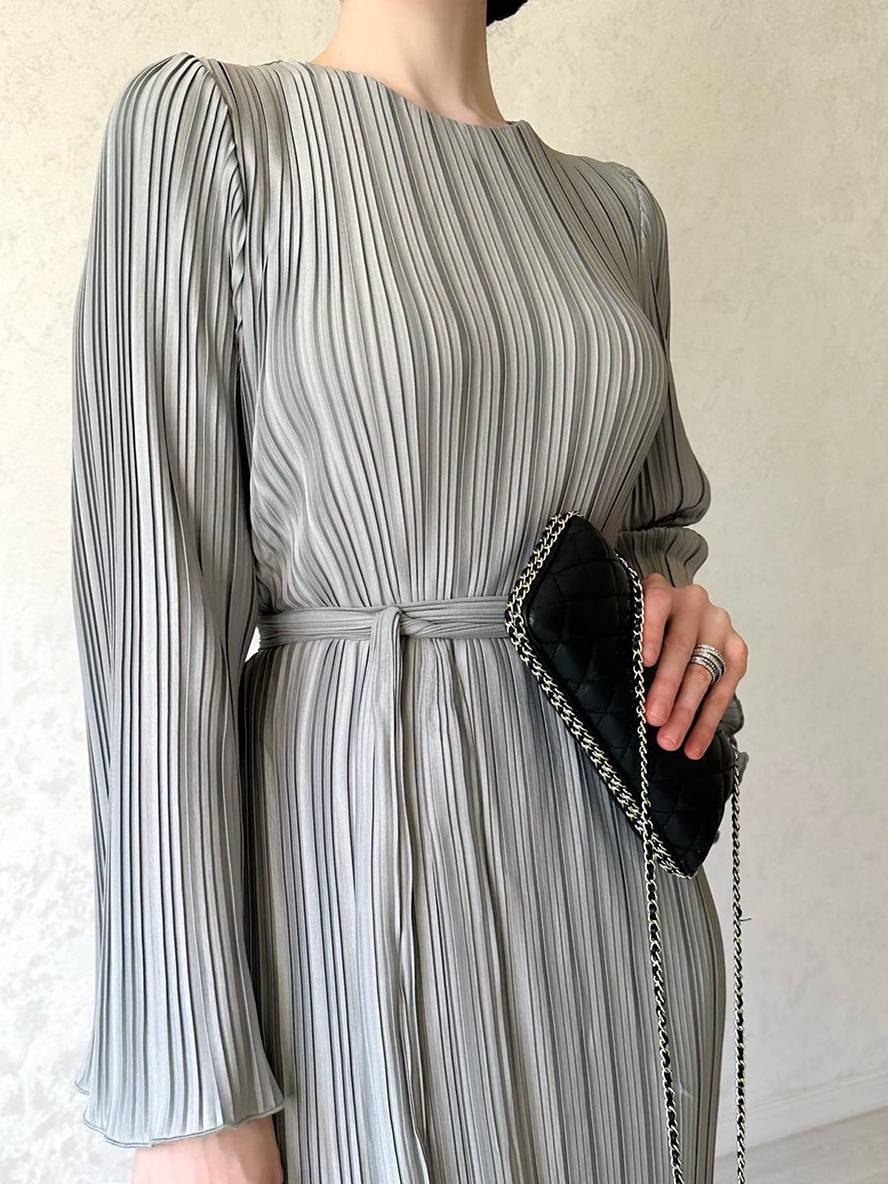 WW | Langes Fließendes Kleid Gürtel Rundhals Trompetenärmel Elegant Prom Abend