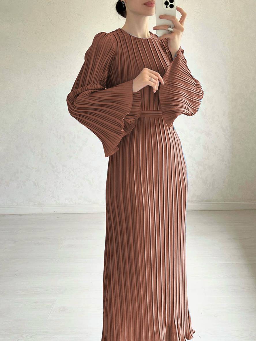WW | Langes Fließendes Kleid Gürtel Rundhals Trompetenärmel Elegant Prom Abend