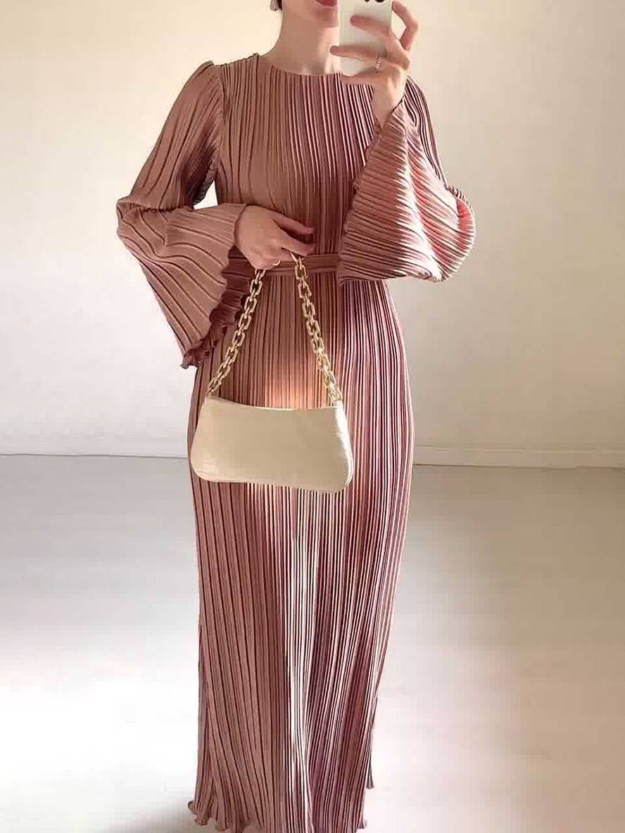 WW | Langes Fließendes Kleid Gürtel Rundhals Trompetenärmel Elegant Prom Abend