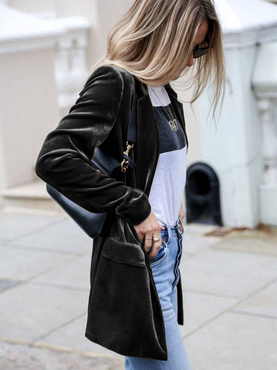 WW | Mittel-Lang Samt Blazer Knöpfe Taschen Lange Ärmel Damen Elegante Mode Jacke