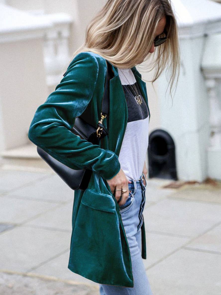 WW | Mittel-Lang Samt Blazer Knöpfe Taschen Lange Ärmel Damen Elegante Mode Jacke