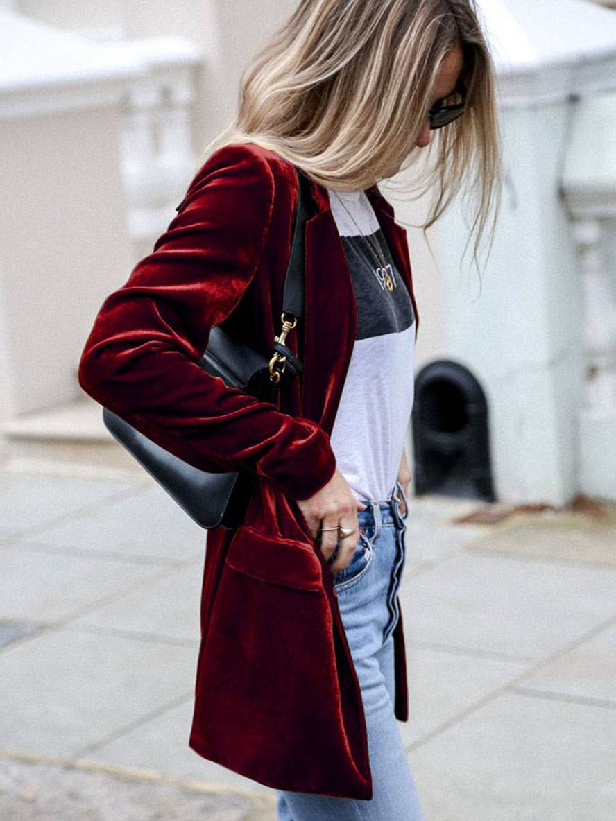WW | Mittel-Lang Samt Blazer Knöpfe Taschen Lange Ärmel Damen Elegante Mode Jacke