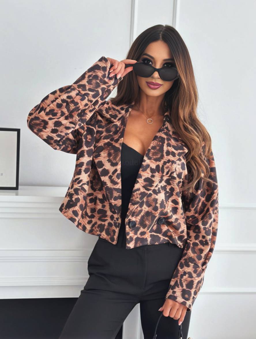 WW | Kurz Leoparden-Motorradjacke mit Knöpfen, Langarm, Damen, Elegant, Lässig, Mode Perfecto