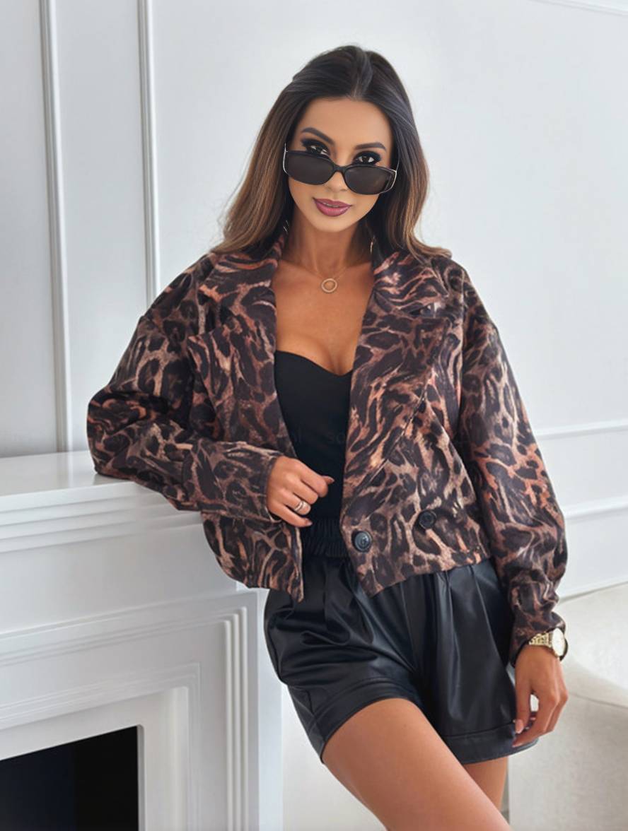 WW | Kurz Leoparden-Motorradjacke mit Knöpfen, Langarm, Damen, Elegant, Lässig, Mode Perfecto