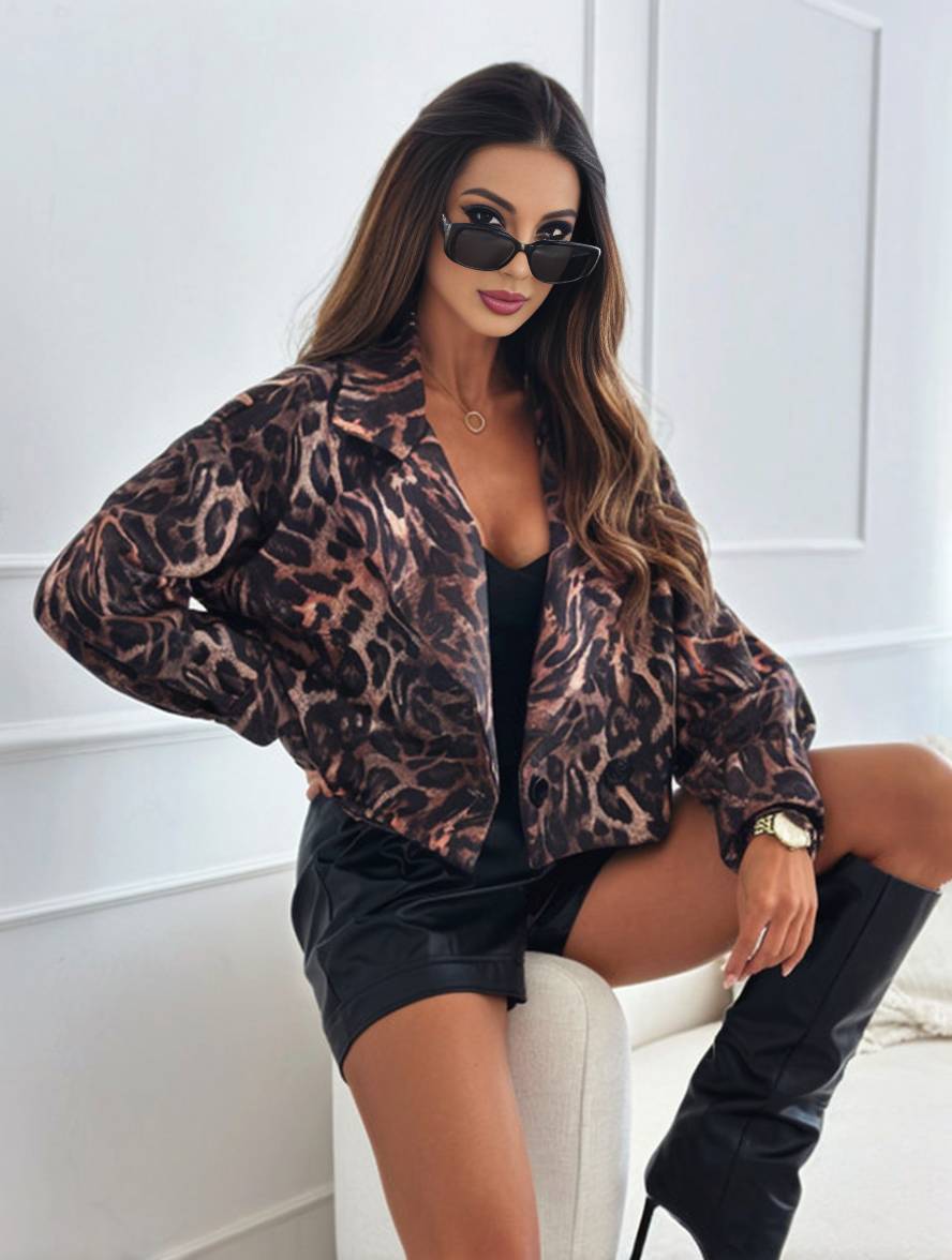WW | Kurz Leoparden-Motorradjacke mit Knöpfen, Langarm, Damen, Elegant, Lässig, Mode Perfecto