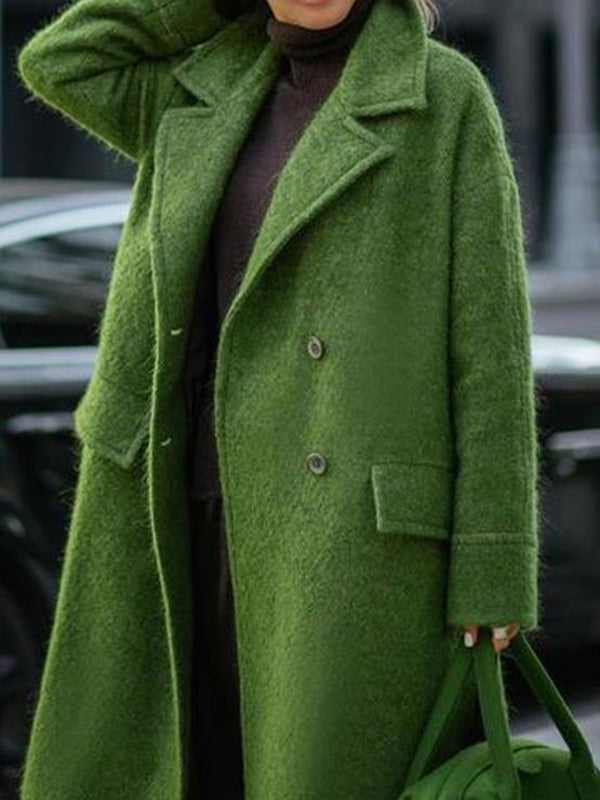 WW | Langer Wollmantel mit Doppelknopfverschluss Taschen Reverskragen Lange Ärmel Damen Oversized Herbst und Winter