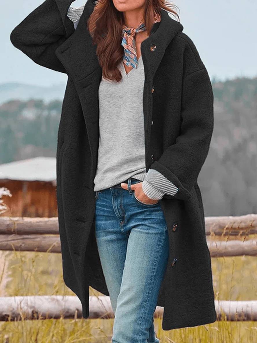 WW | Mid-Length Wollmantel mit Kapuze Knopfverschluss Taschen Lange Ärmel Damen Oversized Lässig Fett