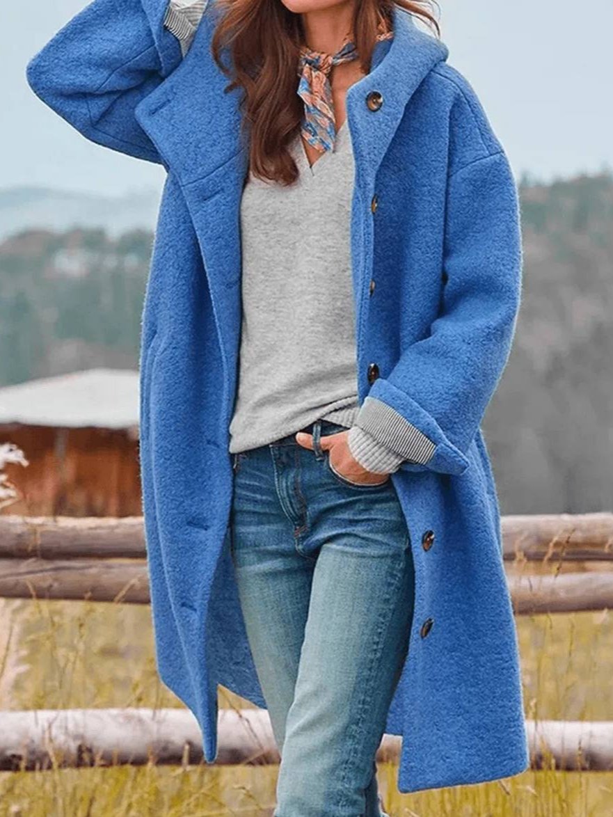 WW | Mid-Length Wollmantel mit Kapuze Knopfverschluss Taschen Lange Ärmel Damen Oversized Lässig Fett