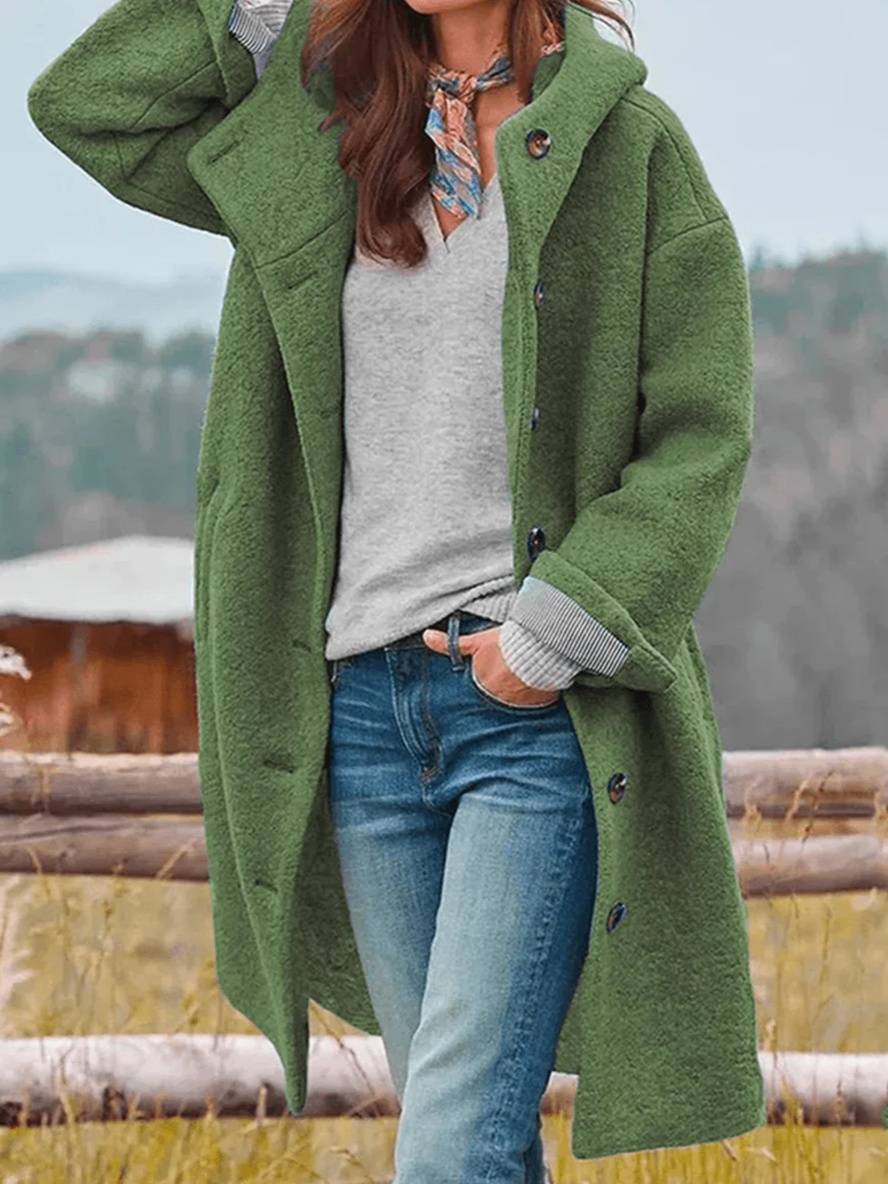 WW | Mid-Length Wollmantel mit Kapuze Knopfverschluss Taschen Lange Ärmel Damen Oversized Lässig Fett