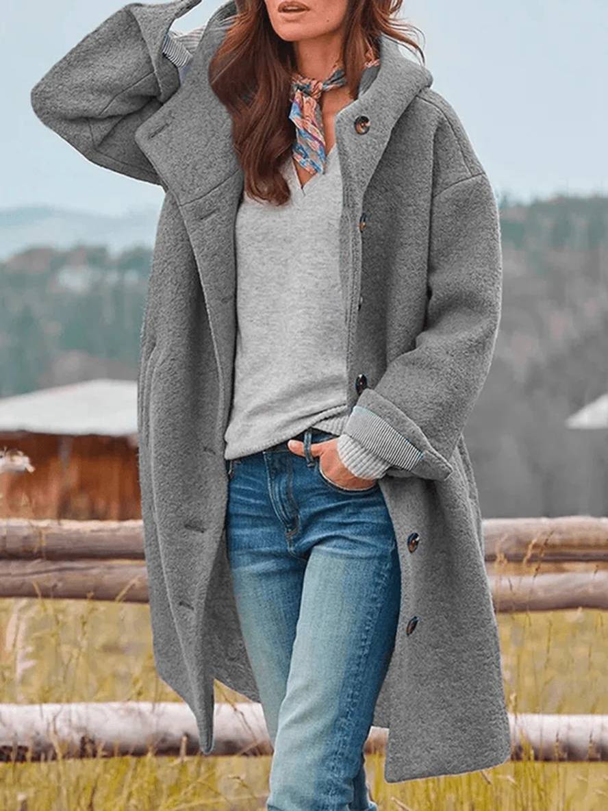 WW | Mid-Length Wollmantel mit Kapuze Knopfverschluss Taschen Lange Ärmel Damen Oversized Lässig Fett
