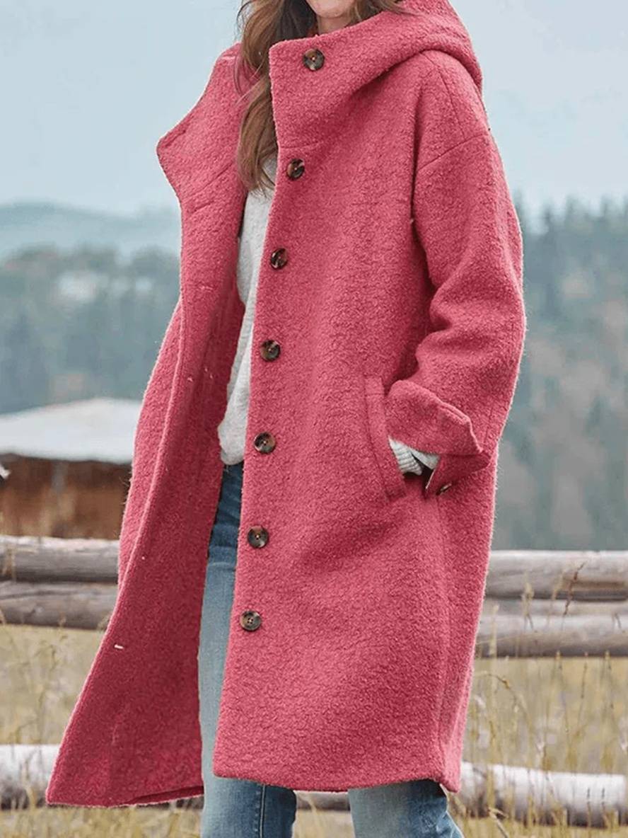 WW | Mid-Length Wollmantel mit Kapuze Knopfverschluss Taschen Lange Ärmel Damen Oversized Lässig Fett
