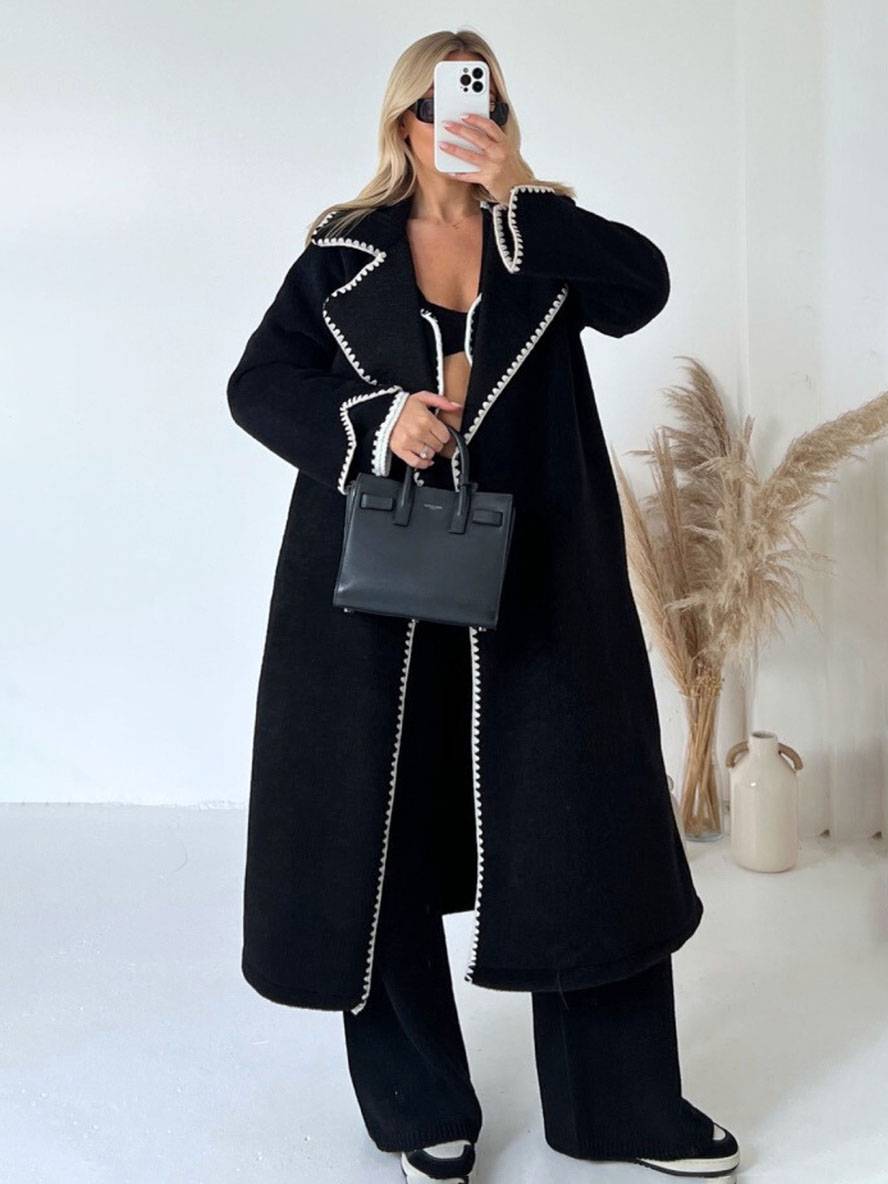 WW | Long Jacket Oversize Fit Wool Blend Lapel Collar Wavy Hem