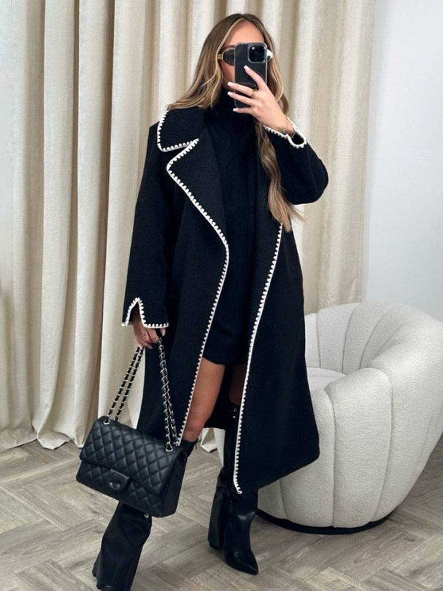 WW | Long Jacket Oversize Fit Wool Blend Lapel Collar Wavy Hem