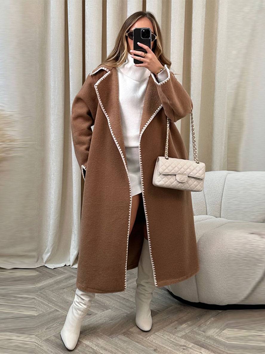 WW | Long Jacket Oversize Fit Wool Blend Lapel Collar Wavy Hem