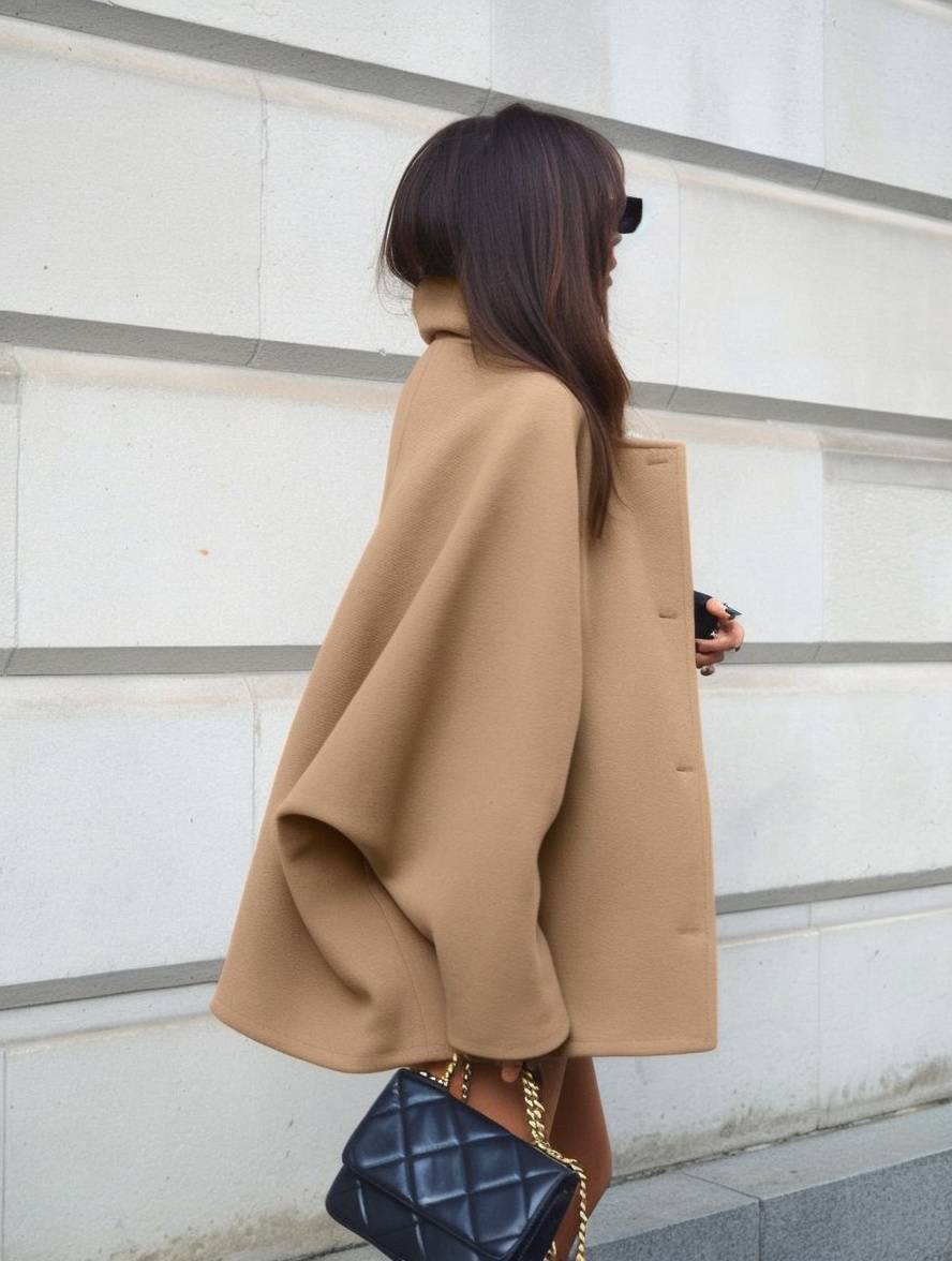 WW | Mid-Langer Wollmantel mit Reverskragen Taschen Fledermausärmel Lange Ärmel Damen Elegant Lässig Oversized Jacke