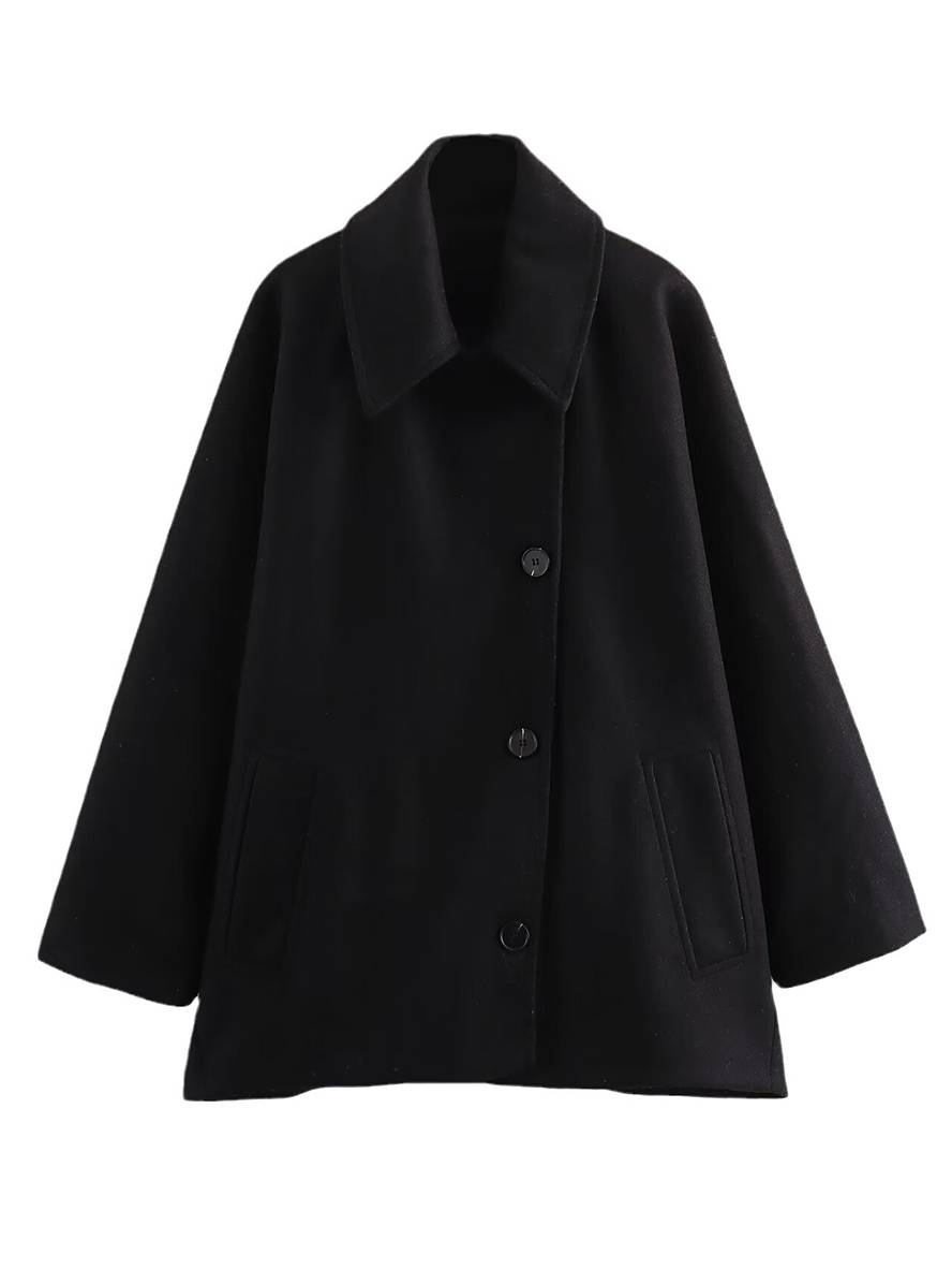 WW | Mid-Langer Wollmantel mit Reverskragen Taschen Fledermausärmel Lange Ärmel Damen Elegant Lässig Oversized Jacke