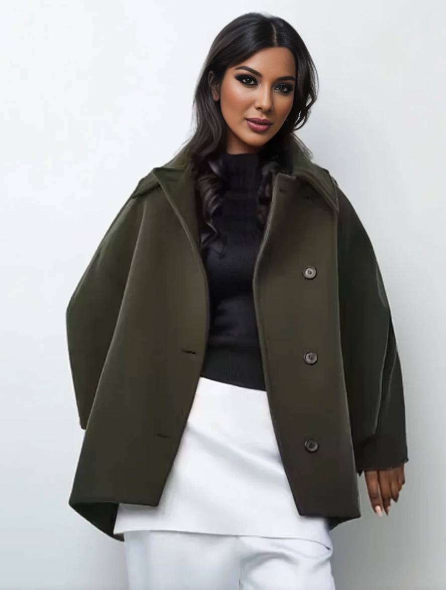 WW | Mid-Langer Wollmantel mit Reverskragen Taschen Fledermausärmel Lange Ärmel Damen Elegant Lässig Oversized Jacke