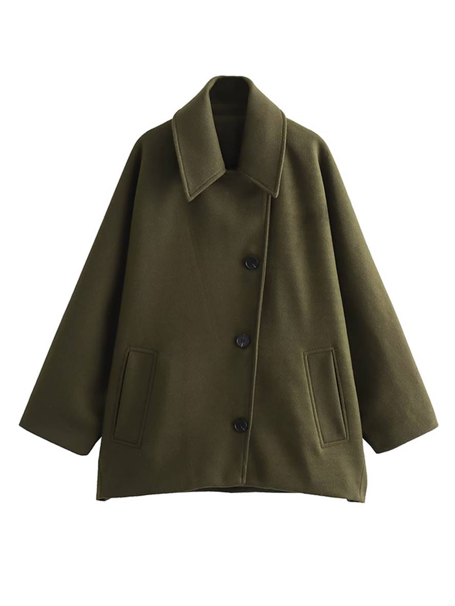 WW | Mid-Langer Wollmantel mit Reverskragen Taschen Fledermausärmel Lange Ärmel Damen Elegant Lässig Oversized Jacke