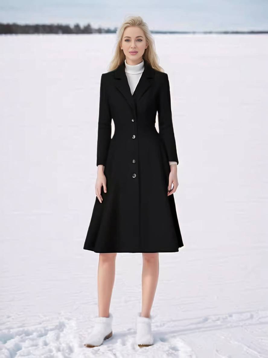 WW | Mid-Length Mantel aus Wolle A-Linie Knöpfe Reverskragen Lange Ärmel Damen Elegant Casual Casual Weste