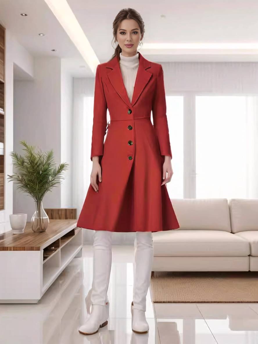 WW | Mid-Length Mantel aus Wolle A-Linie Knöpfe Reverskragen Lange Ärmel Damen Elegant Casual Casual Weste